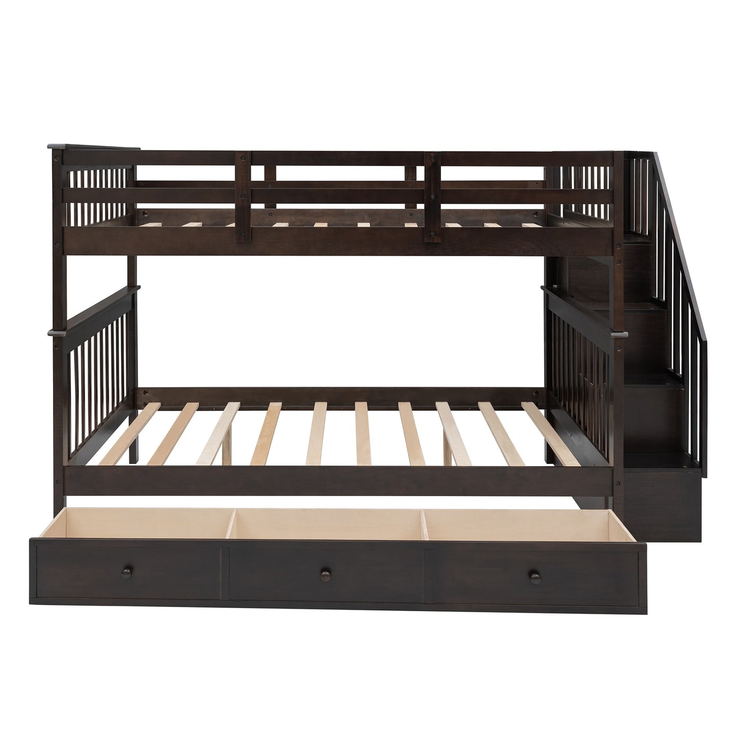 Brown Double Full Size Stairway Bunk Bed With Drawer