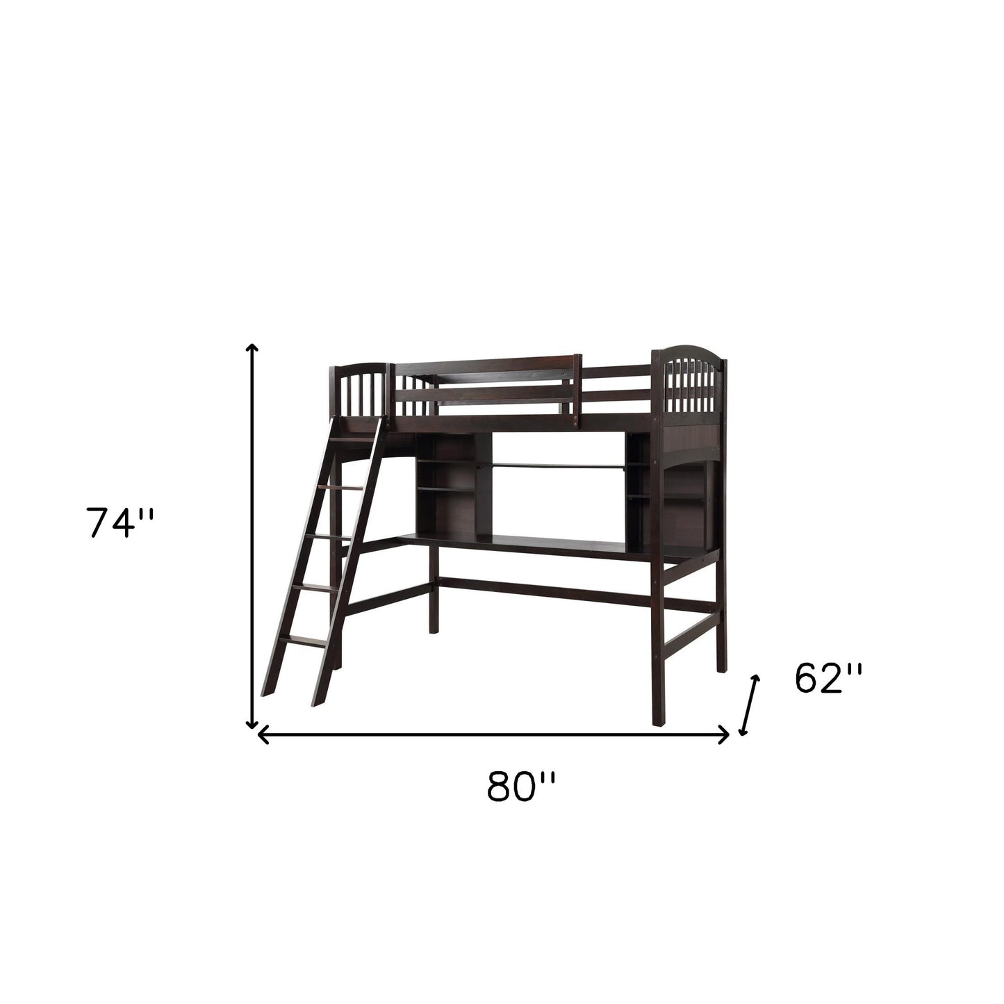 Brown Twin Size Loft Bed with Desk and Shelves