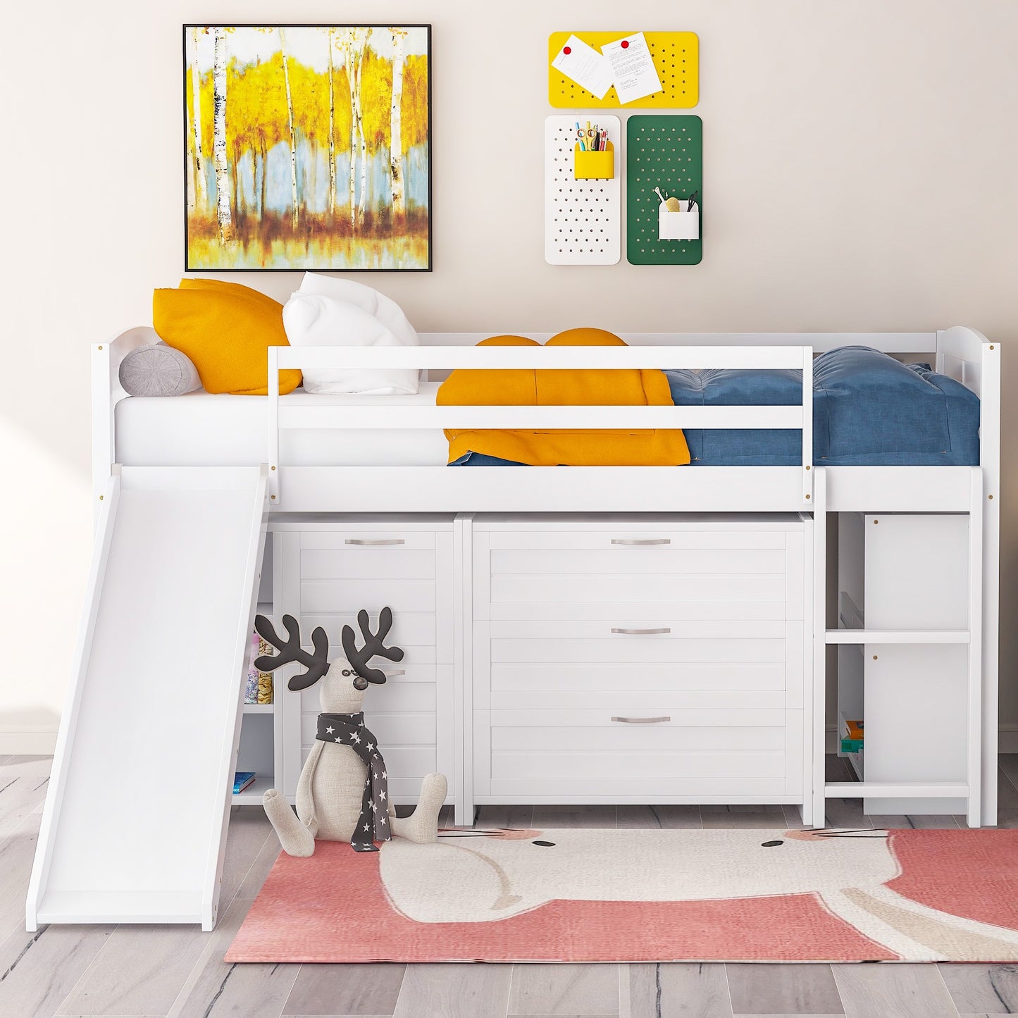 White Twin Size Low Loft Bed With Cabinets and Slide