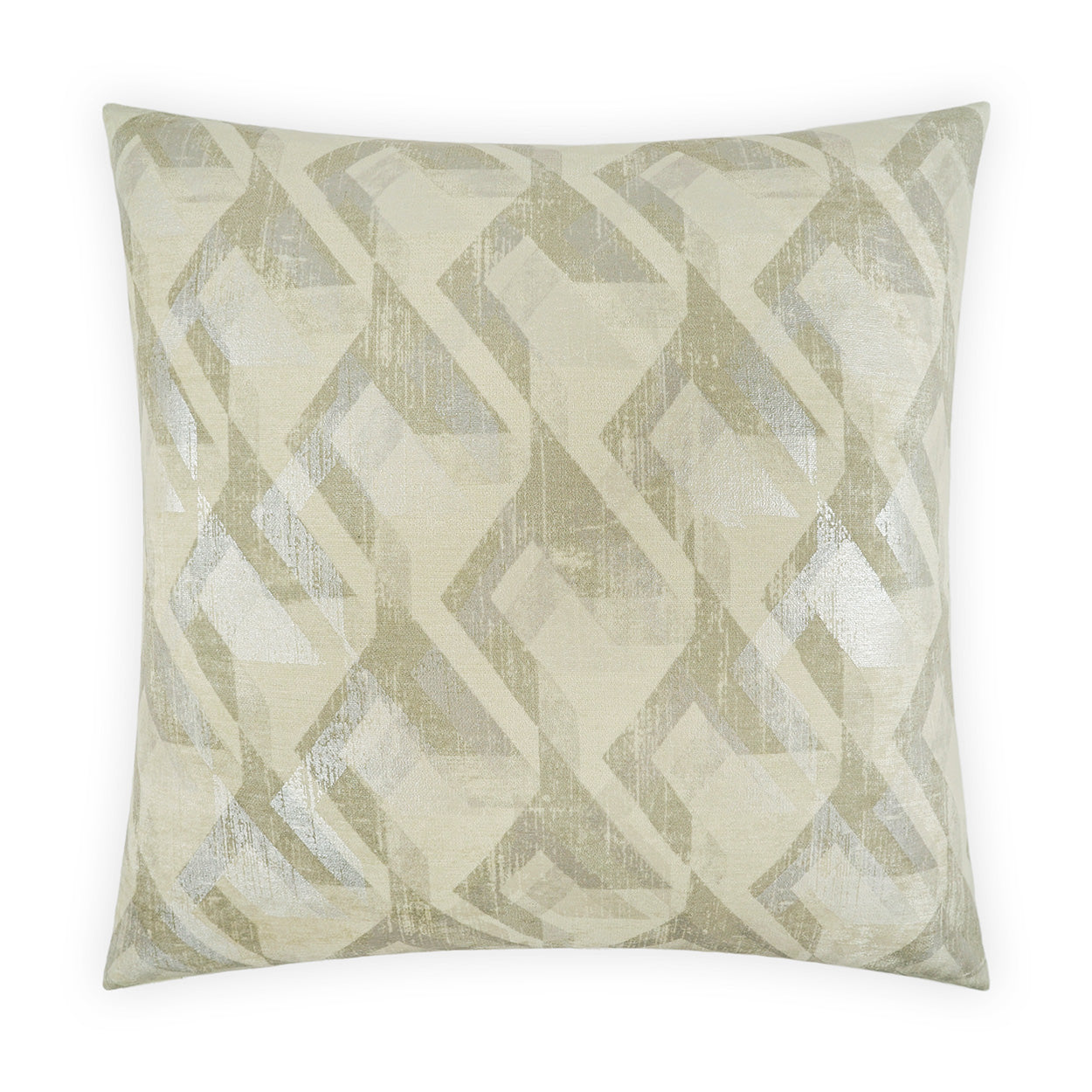 Beige decorative throw pillow with soft textured fabric and a metallic silver-gray geometric diamond lattice pattern.