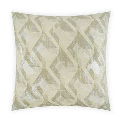 Beige decorative throw pillow with soft textured fabric and a metallic silver-gray geometric diamond lattice pattern.