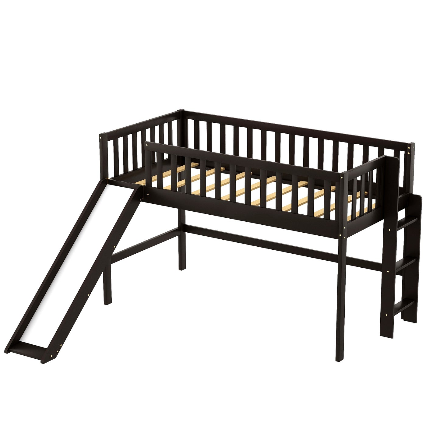 Dark Brown Twin Size Loft Bed with Slide