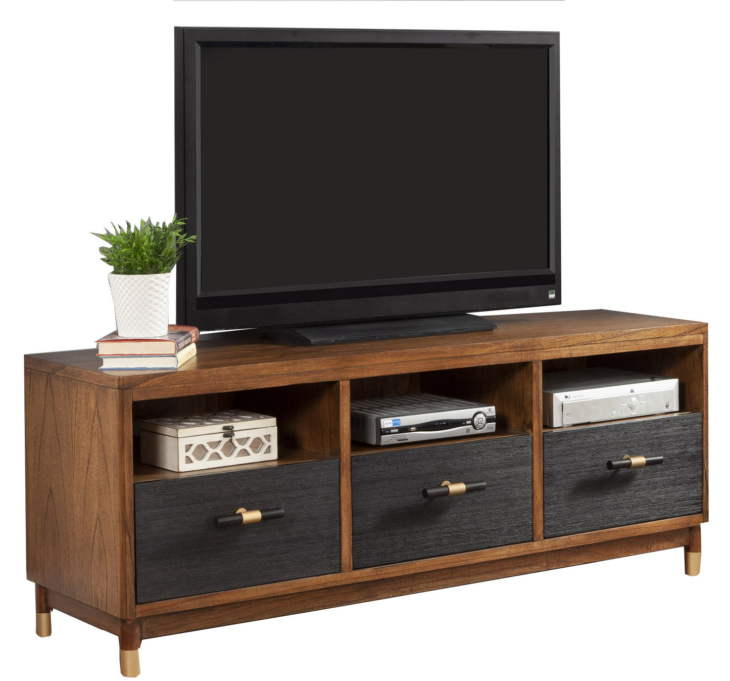 61" Brown and Black Mahogany Solids & Veneer Open shelving TV Stand