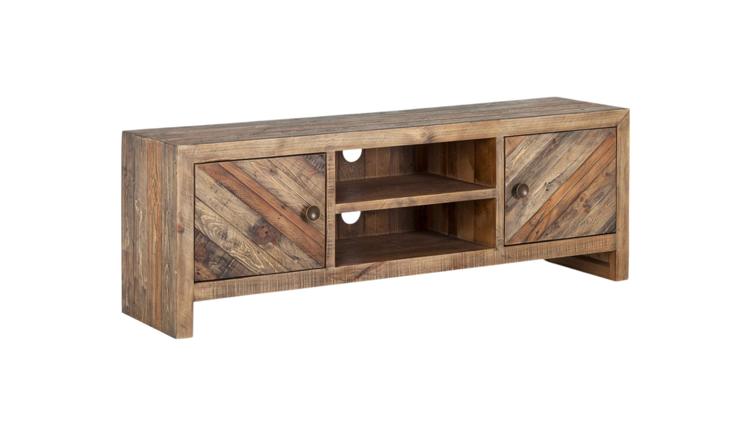 63" Wood Brown Reclaimed Pine And Plywood Open Shelving TV Stand