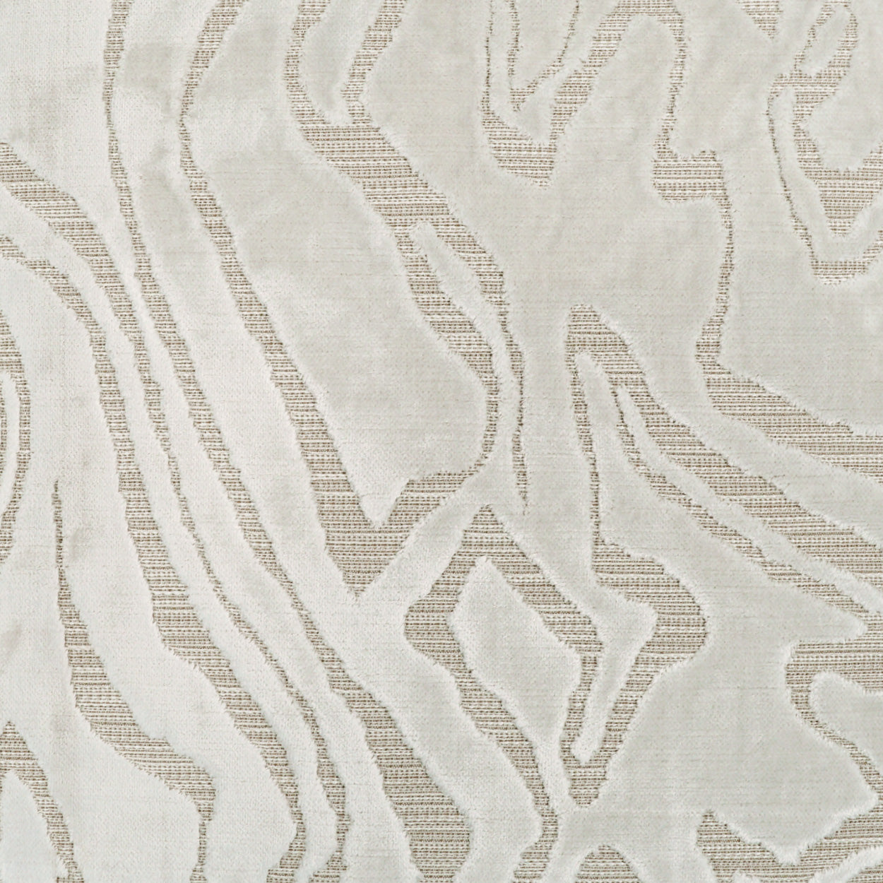 Beige and cream abstract woven fabric with irregular wavy lines; damask-inspired textile texture.