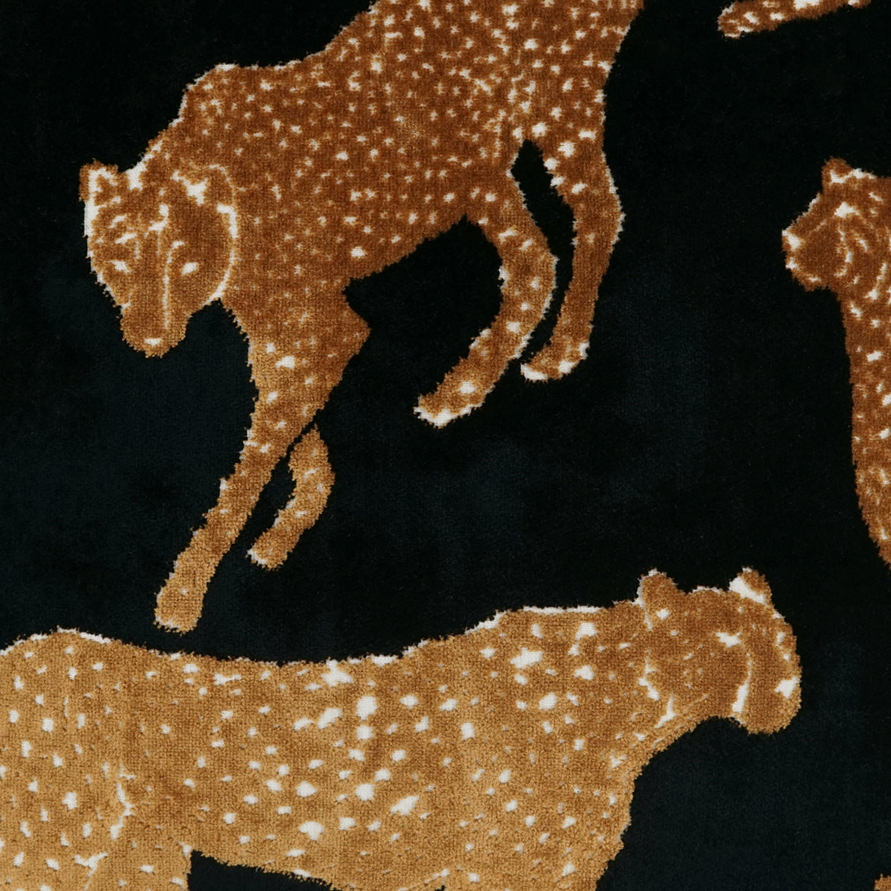 Brown cheetah print silhouettes with white spots on black plush fabric.