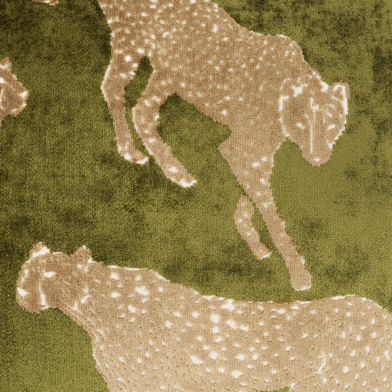 Beige cheetah-spotted fabric rug with two leaping cat motifs on olive-green background.
