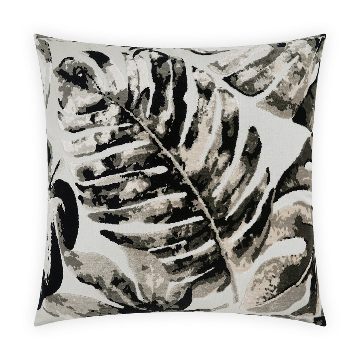 Monochrome floral patterned throw pillow in grayscale with bold black and soft gray tones.