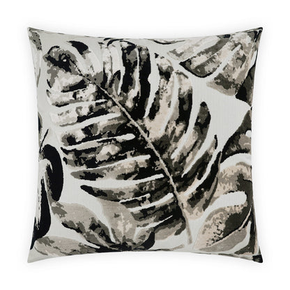 Monochrome floral patterned throw pillow in grayscale with bold black and soft gray tones.