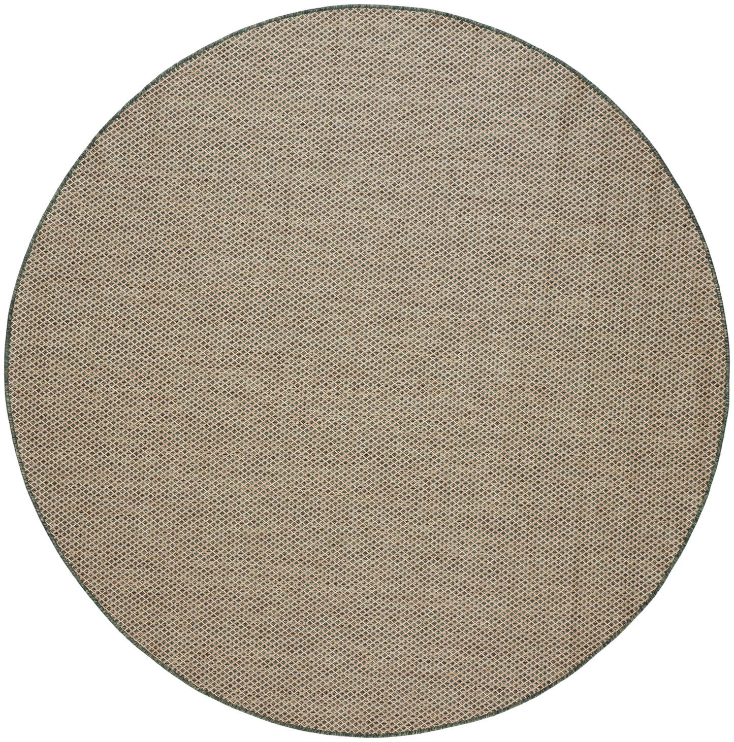 Round natural jute rug with beige woven texture and dark green edge.