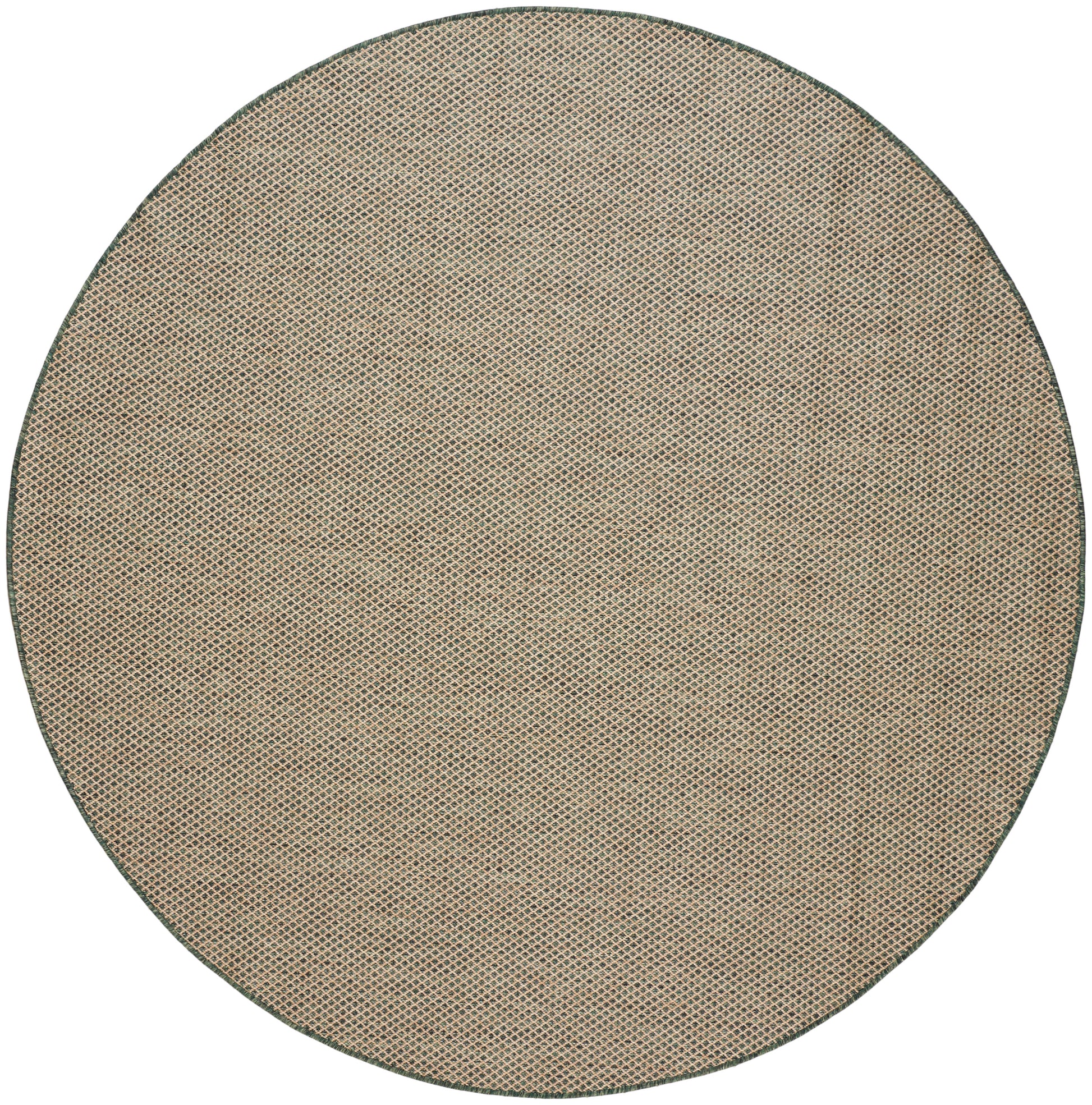Round natural jute rug with beige woven texture and dark green edge.