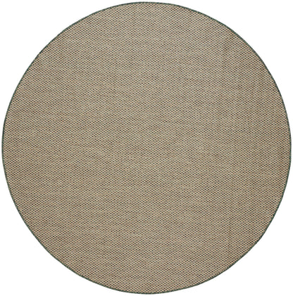 Round natural jute rug with beige woven texture and dark green edge.