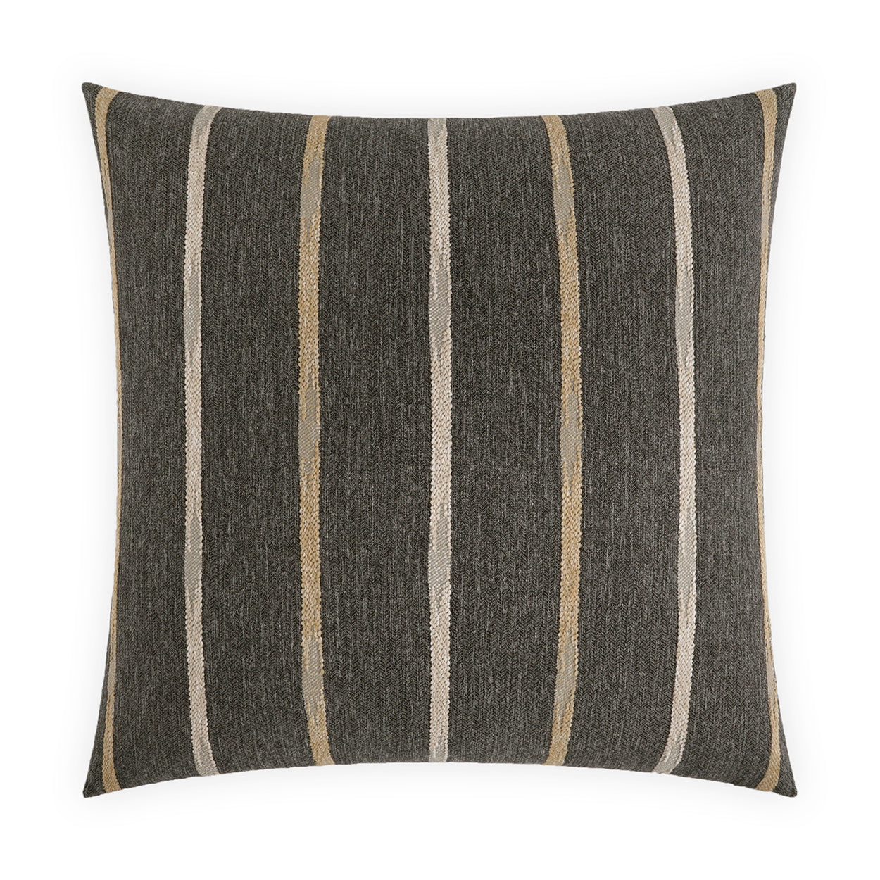 Square decorative pillow in charcoal woven fabric with vertical tan and beige stripes.