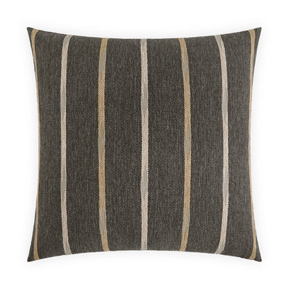 Square decorative pillow in charcoal woven fabric with vertical tan and beige stripes.