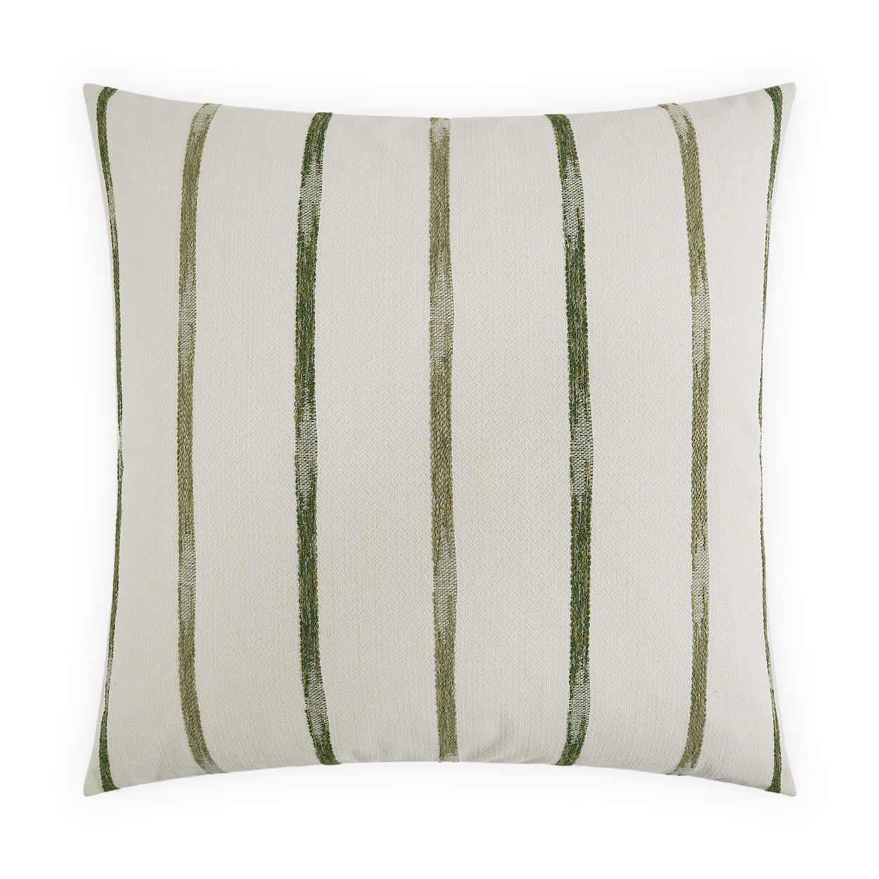 Cream square throw pillow with moss green stripes; soft textured fabric, farmhouse decor.