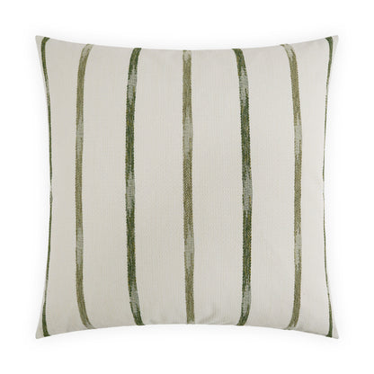 Cream square throw pillow with moss green stripes; soft textured fabric, farmhouse decor.