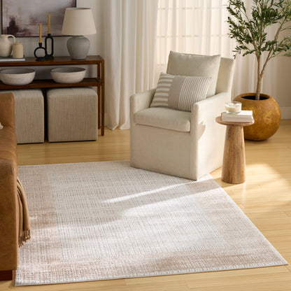 Cream modern rug 4' x 6' on living room floor with beige woven texture, surrounded by neutral furnishings and a potted plant.