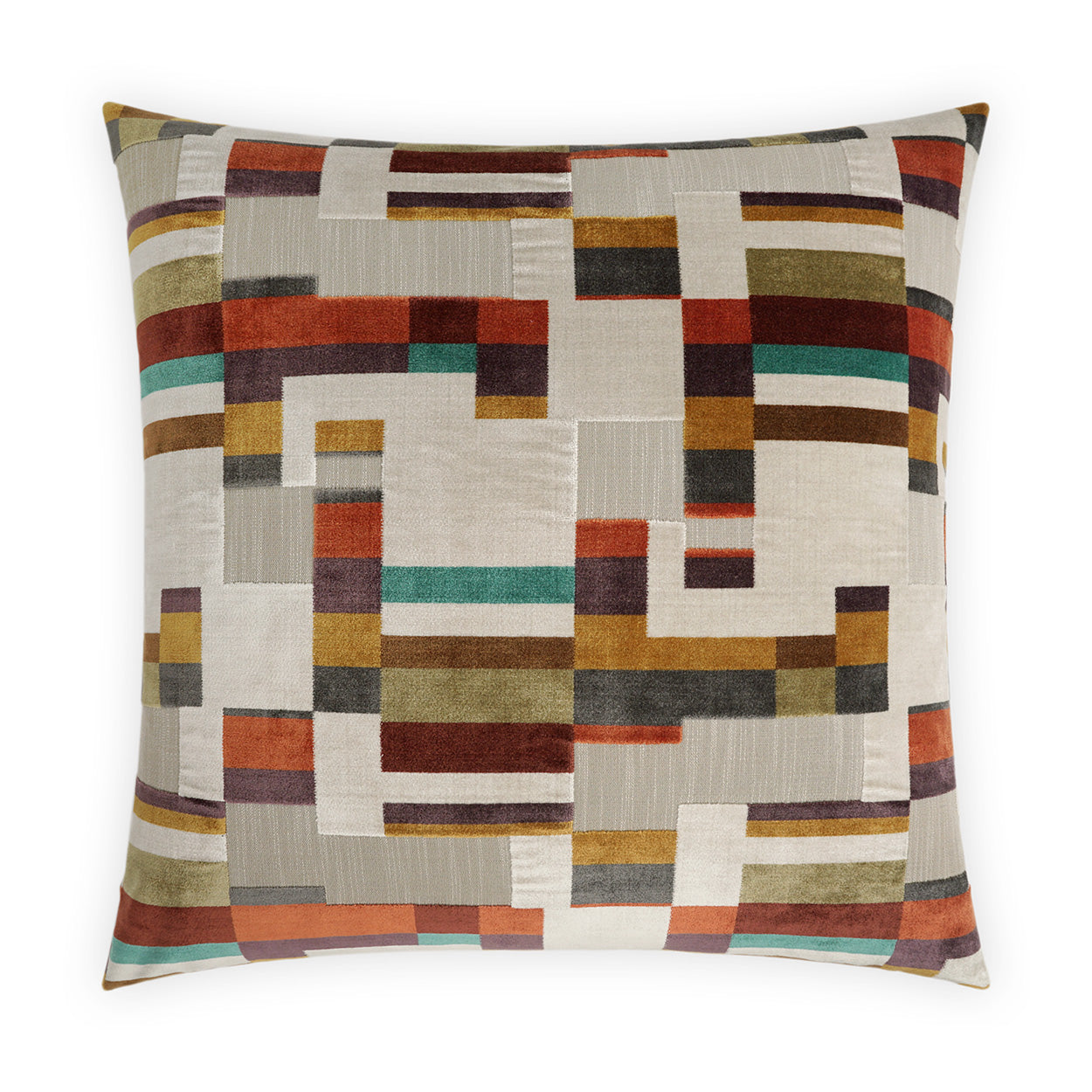 Decorative throw pillow with a mid-century geometric patchwork in red, orange, teal, mustard and olive on beige.