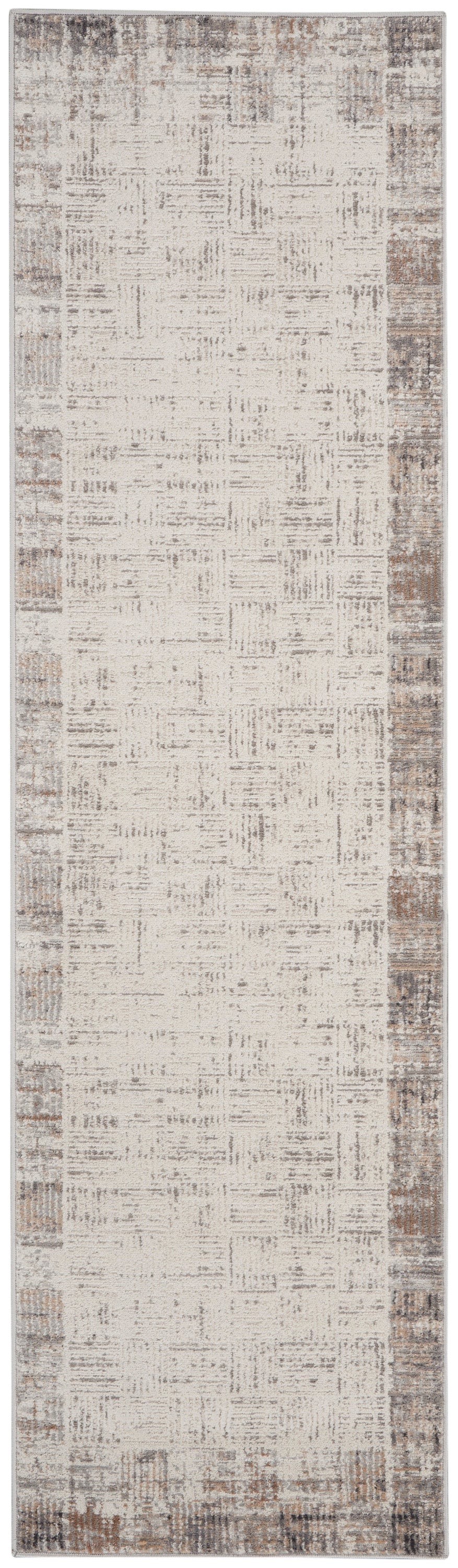 Long runner rug with cream center and brown distressed border; antique oriental style, soft textured.