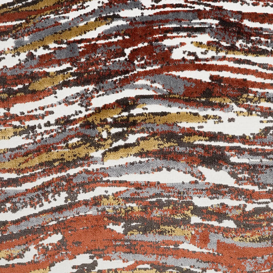 Multicolor fabric with irregular horizontal stripes in rust red & gold & gray & white; modern abstract pattern for upholstery.