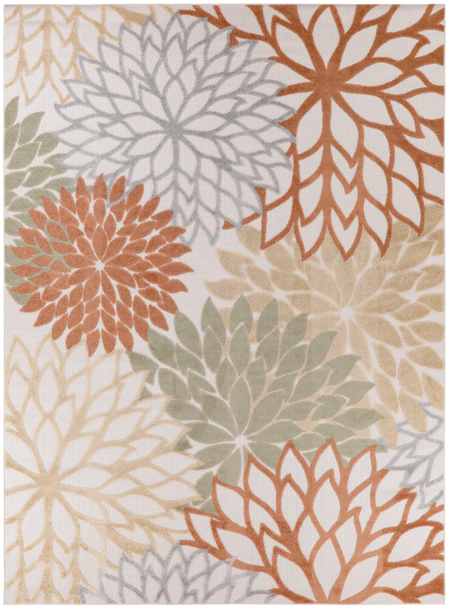 Abstract floral rug with large overlapping petals in orange, blue-gray, beige and sage green on cream.