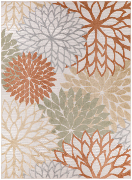 Abstract floral rug with large overlapping petals in orange, blue-gray, beige and sage green on cream.