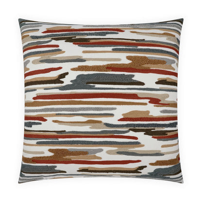 Decorative square throw pillow with abstract brushstroke pattern in red, brown, tan, gray, and blue on white.
