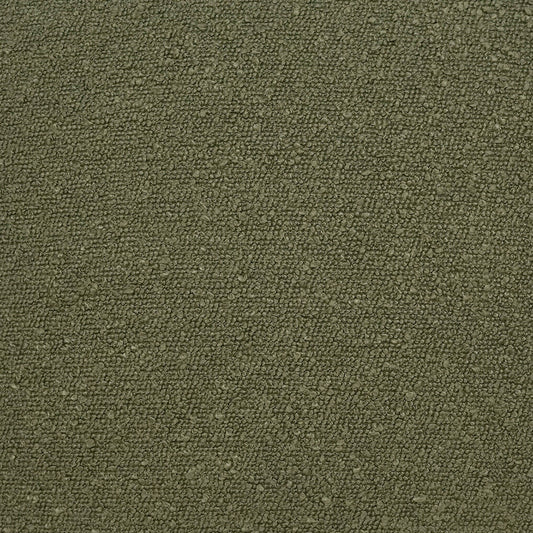 Olive green boucle fabric close-up with dense, looped texture.