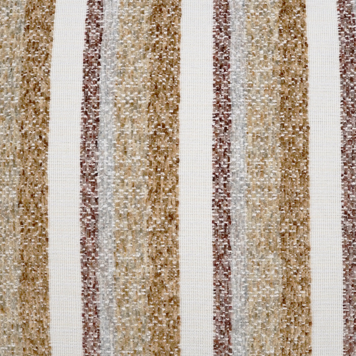 Striped fabric with vertical glittery gold, beige and brown sequins on an off-white background.