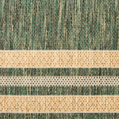 Woven striped rug with green and beige bands; textured jute-like fibers, casual coastal style.