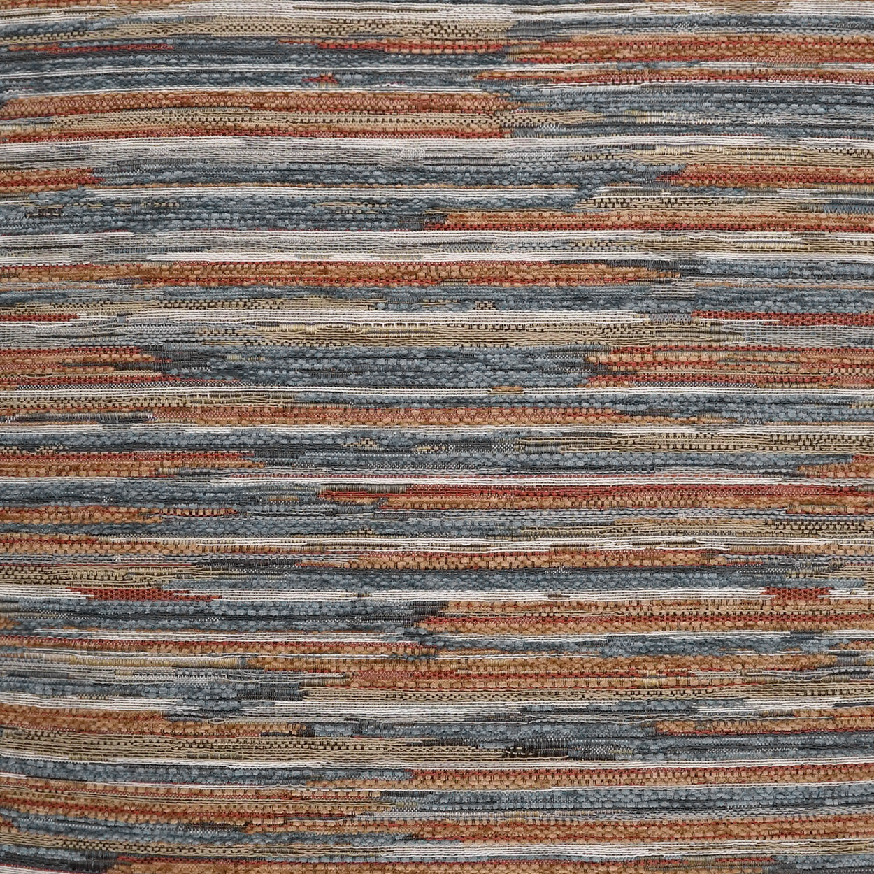 Woven striped textile with horizontal bands in blue, orange, beige; textured rug or fabric for casual decor.