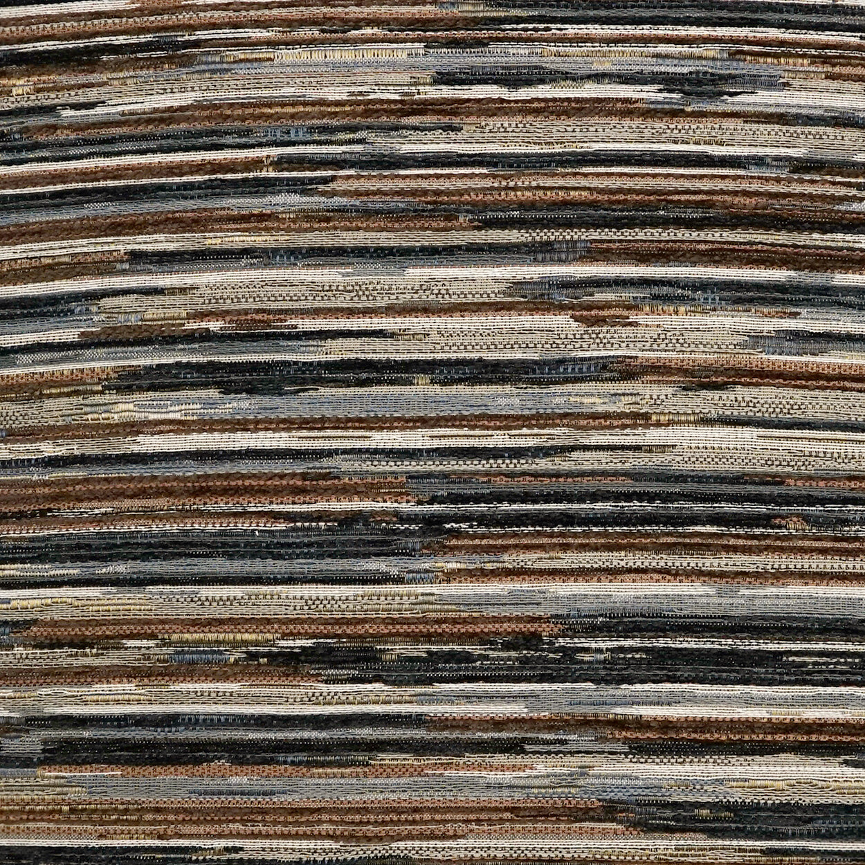 Horizontal striped woven fabric in brown, tan, gray and black tones; rustic textile suitable for upholstery or rug.