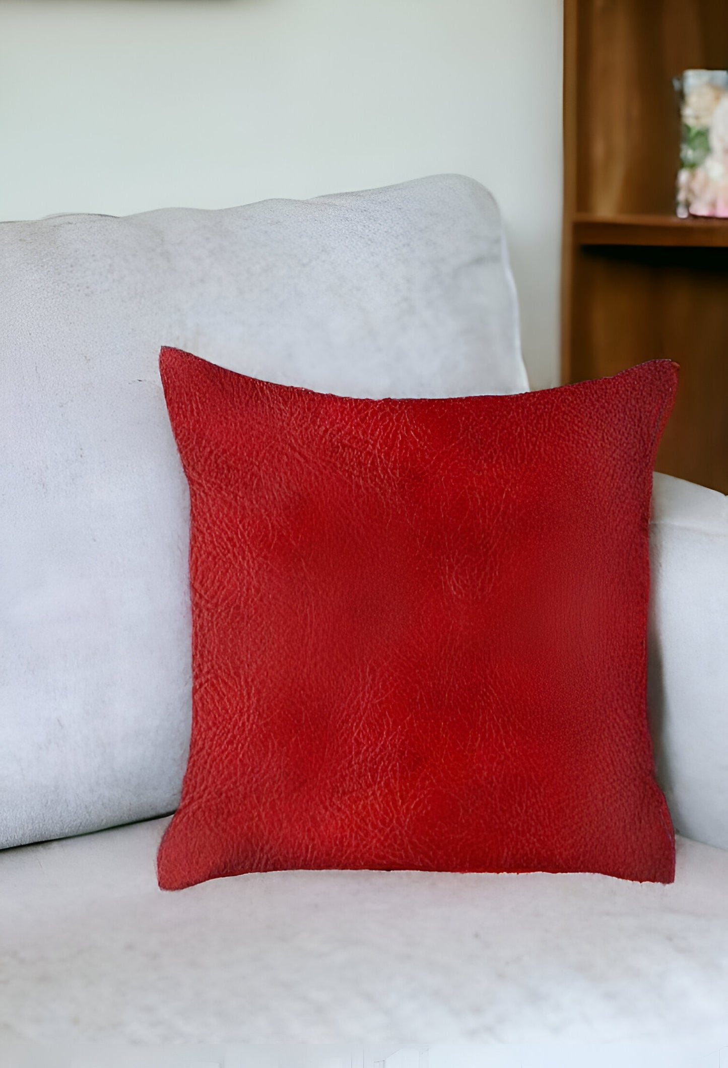 17 X 17 Red Solid Color Handmade Faux Leather Throw Pillow