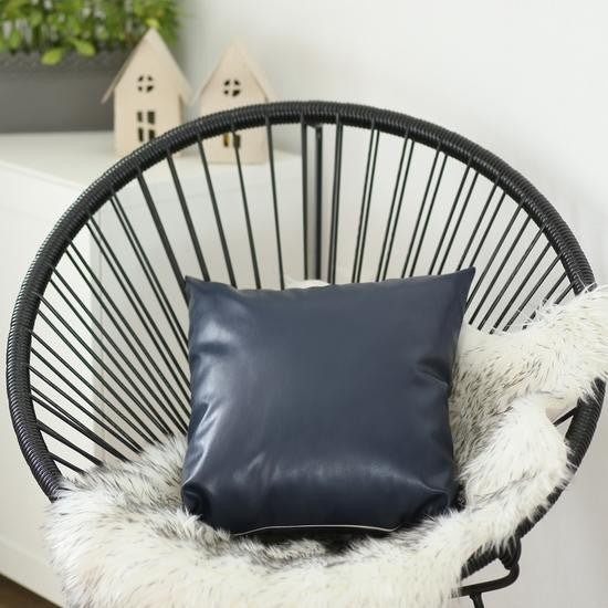 22" X 22" Navy Blue Solid Color Handmade Faux Leather Throw Pillow Cover