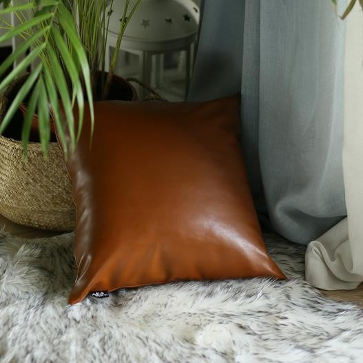 24" X 24" Brown Solid Color Handmade Faux Leather Throw Pillow Cover
