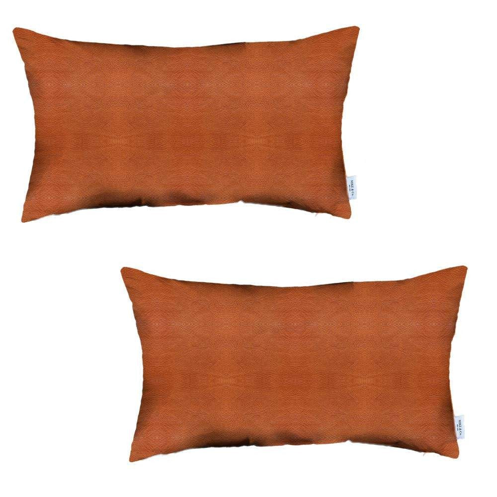 Set Of Two 12" X 20" Brown Solid Color Handmade Faux Leather Lumbar Pillow Cover