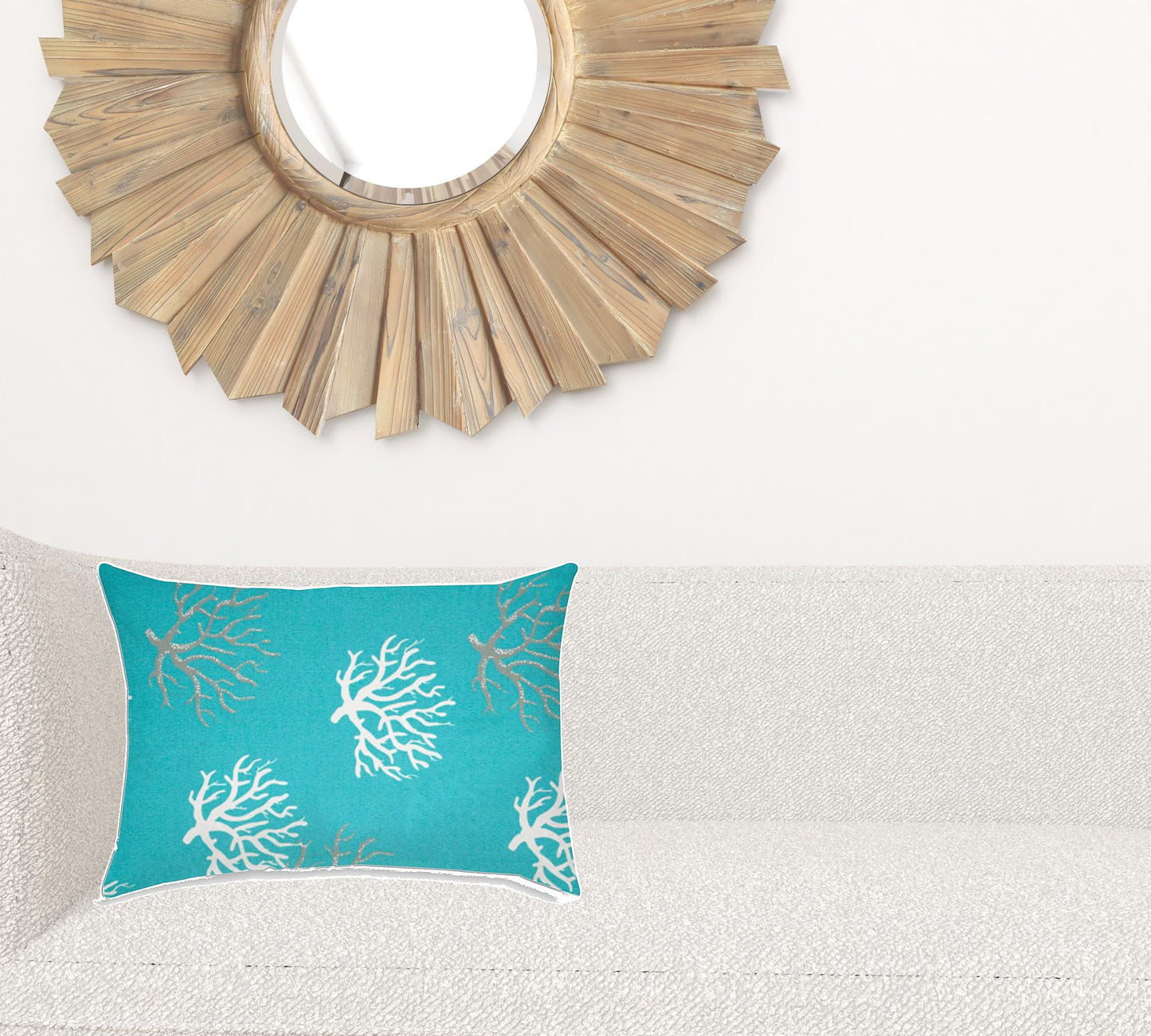 14" X 20" Aqua And White Corals Blown Seam Coastal Lumbar Indoor Outdoor Pillow