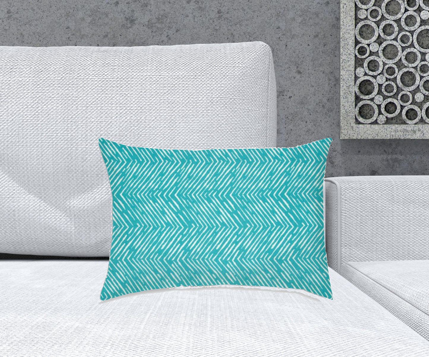 14" X 20" Turquoise And White Blown Seam Zigzag Lumbar Indoor Outdoor Pillow