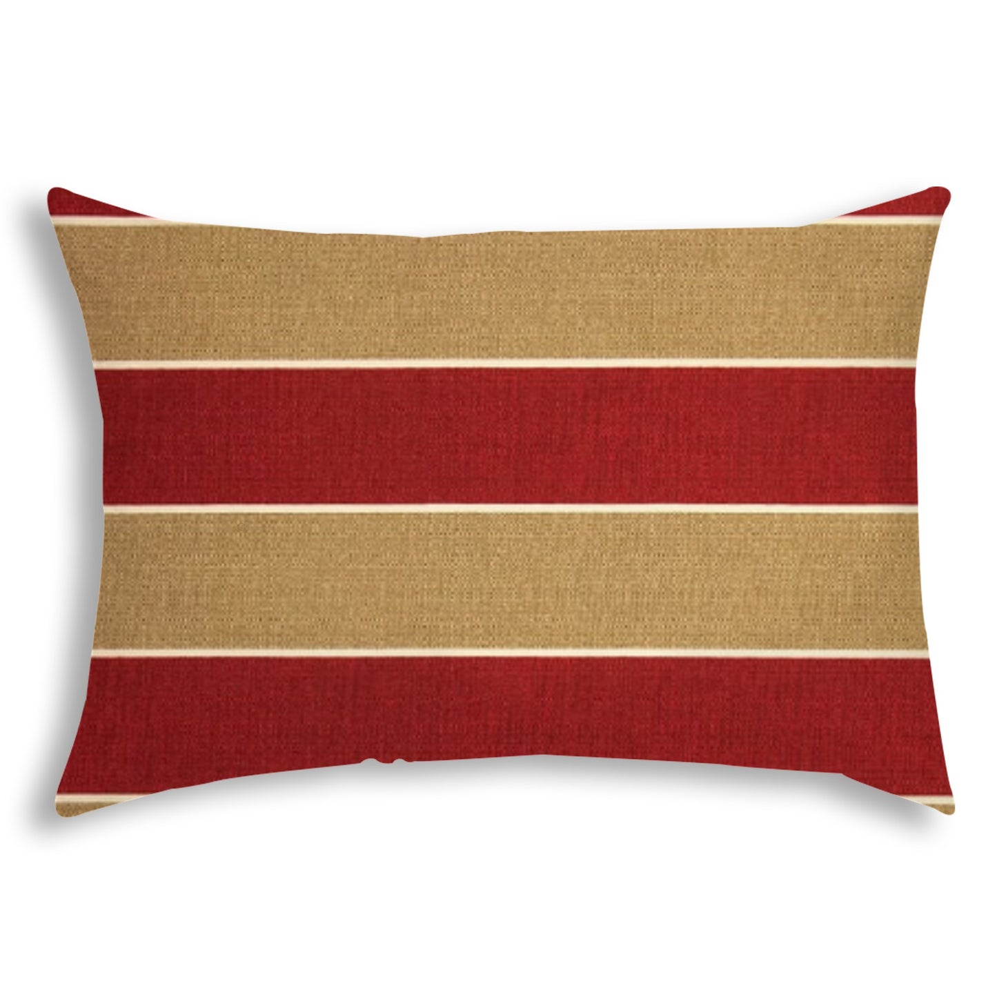 14" X 20" Red And Cream Blown Seam Striped Lumbar Indoor Outdoor Pillow