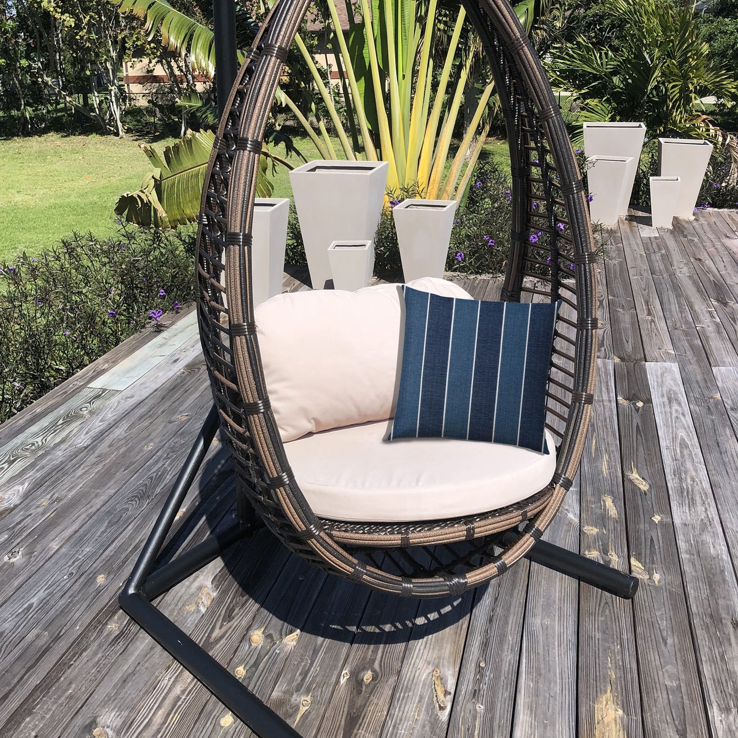 14" X 20" Navy Blue And Cream Blown Seam Striped Lumbar Indoor Outdoor Pillow