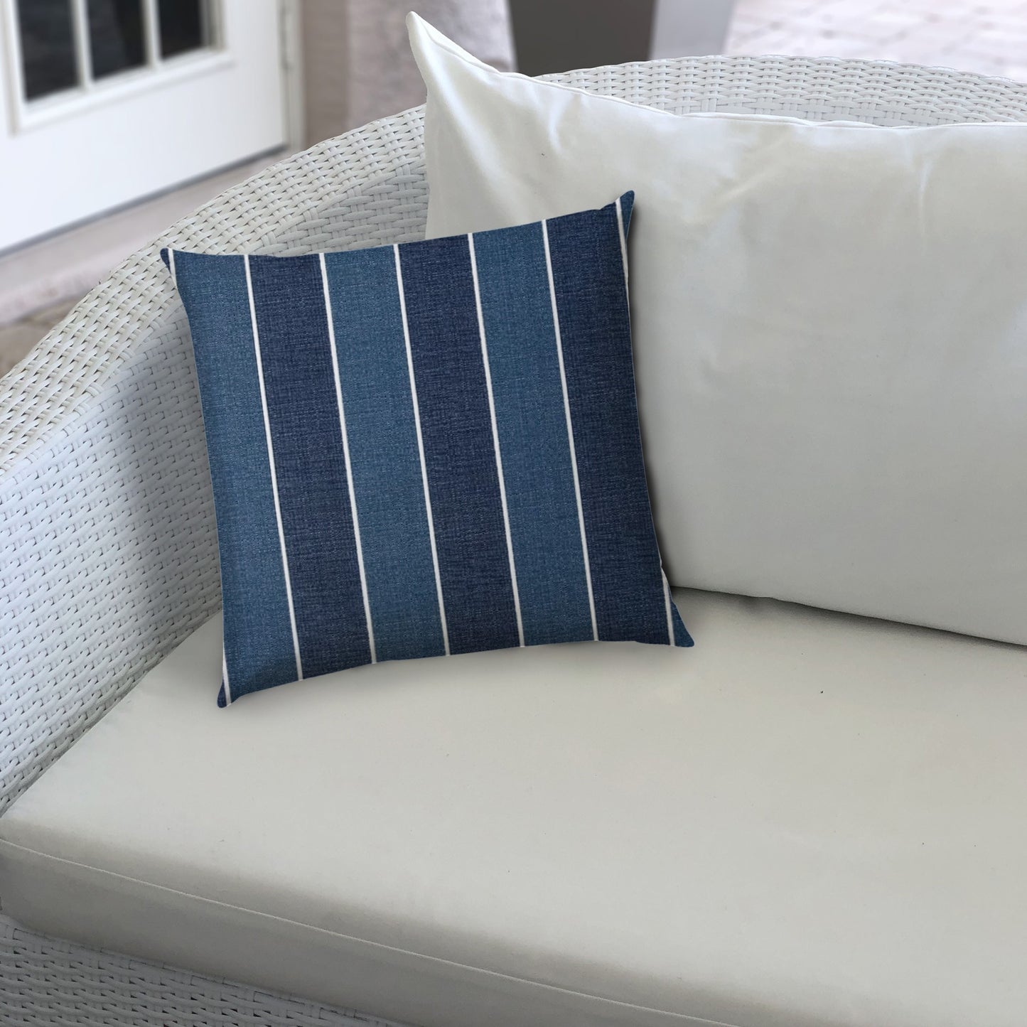 14" X 20" Navy Blue And Cream Blown Seam Striped Lumbar Indoor Outdoor Pillow