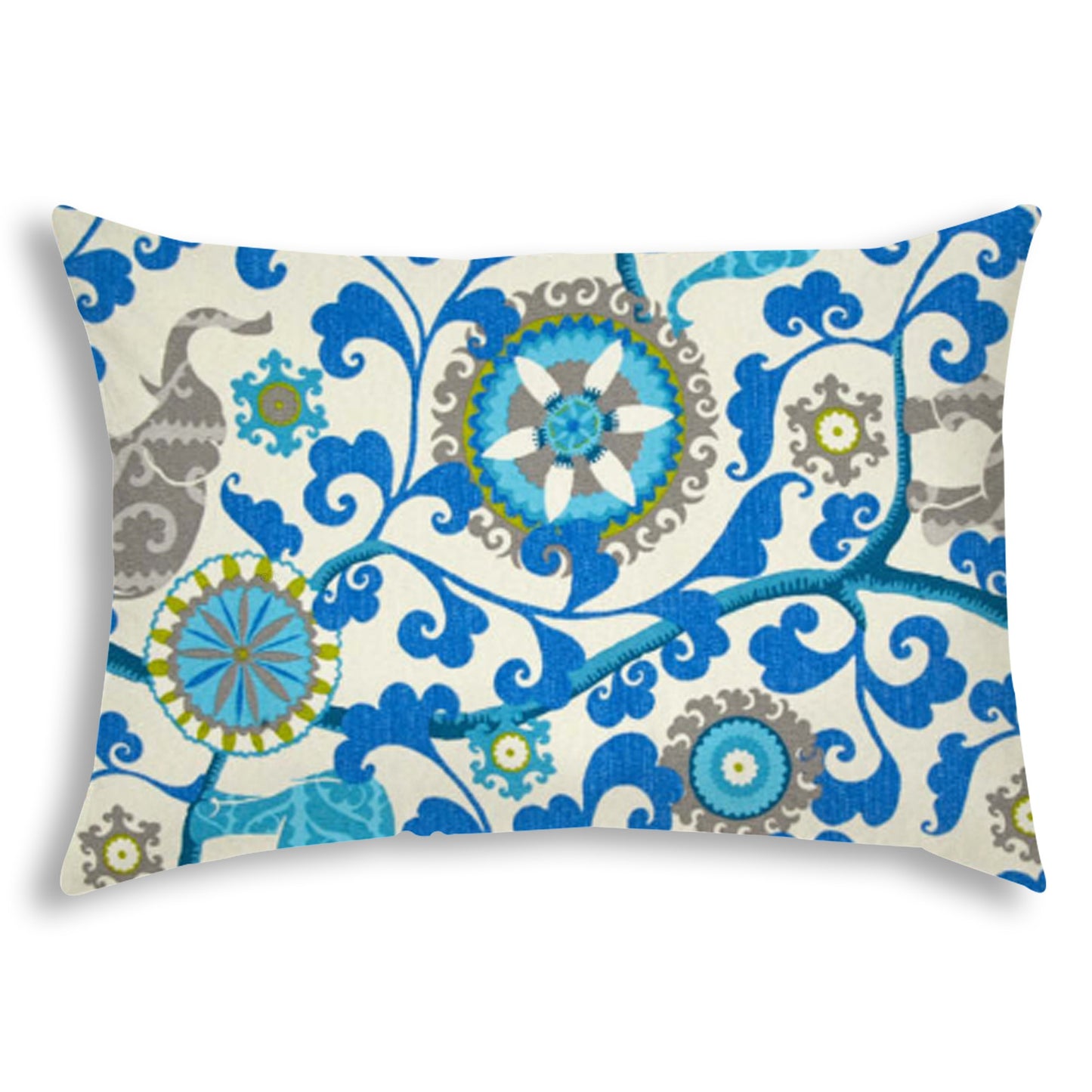 14" X 20" Blue And Gray Blown Seam Floral Lumbar Indoor Outdoor Pillow
