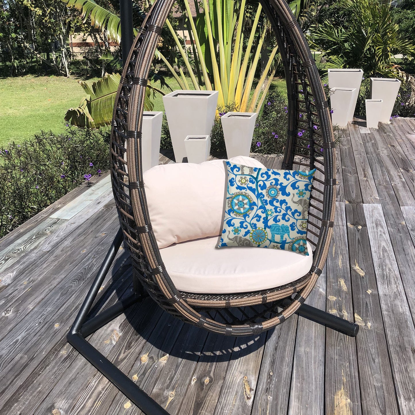 14" X 20" Blue And Gray Blown Seam Floral Lumbar Indoor Outdoor Pillow