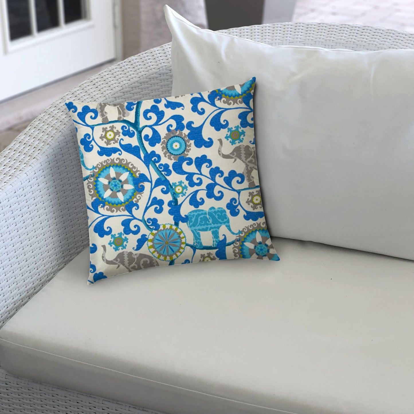 14" X 20" Blue And Gray Blown Seam Floral Lumbar Indoor Outdoor Pillow