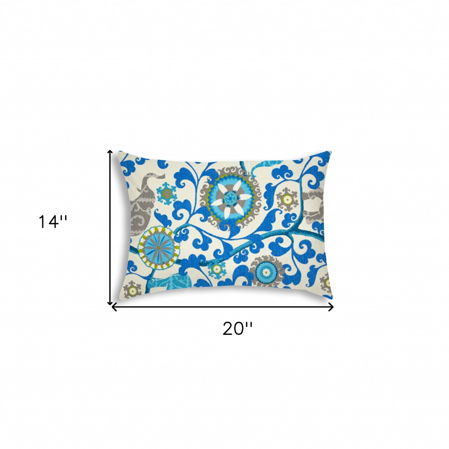 14" X 20" Blue And Gray Blown Seam Floral Lumbar Indoor Outdoor Pillow