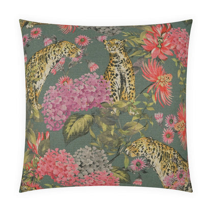 Decorative square throw pillow with leopard motif amid vibrant tropical flowers on a muted green background.