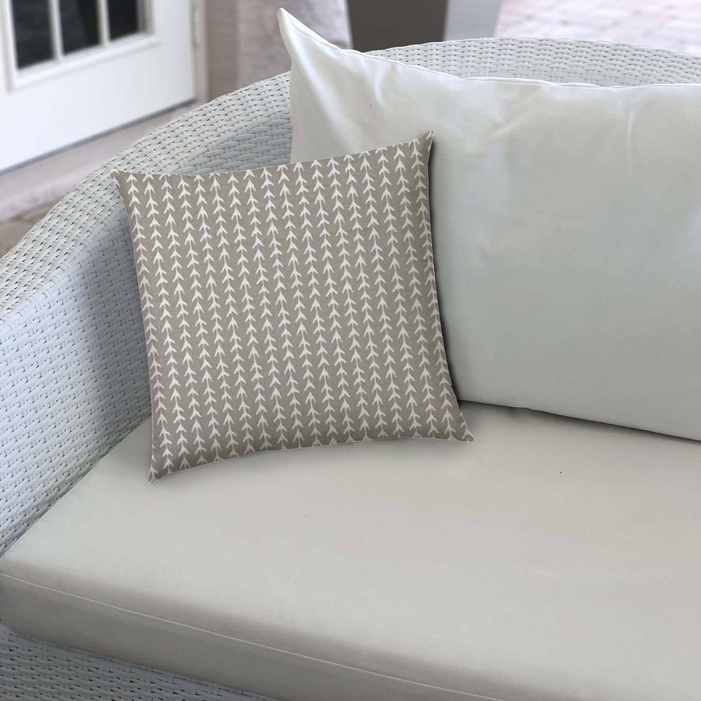 14" X 20" Taupe And White Blown Seam Geometric Lumbar Indoor Outdoor Pillow