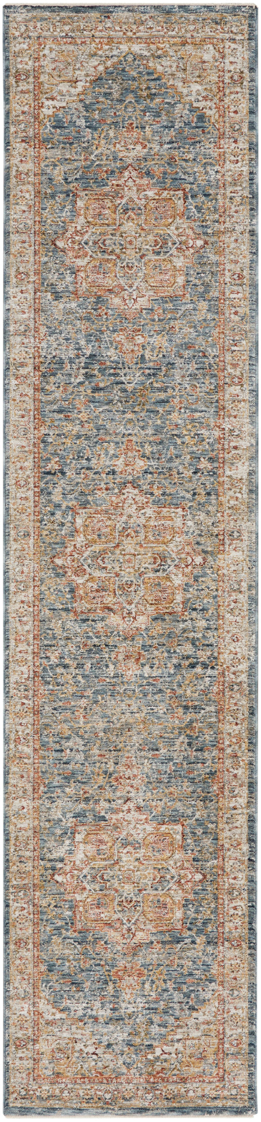 Distressed Persian-inspired blue runner rug with ivory and rust borders, featuring medallions and floral motifs.