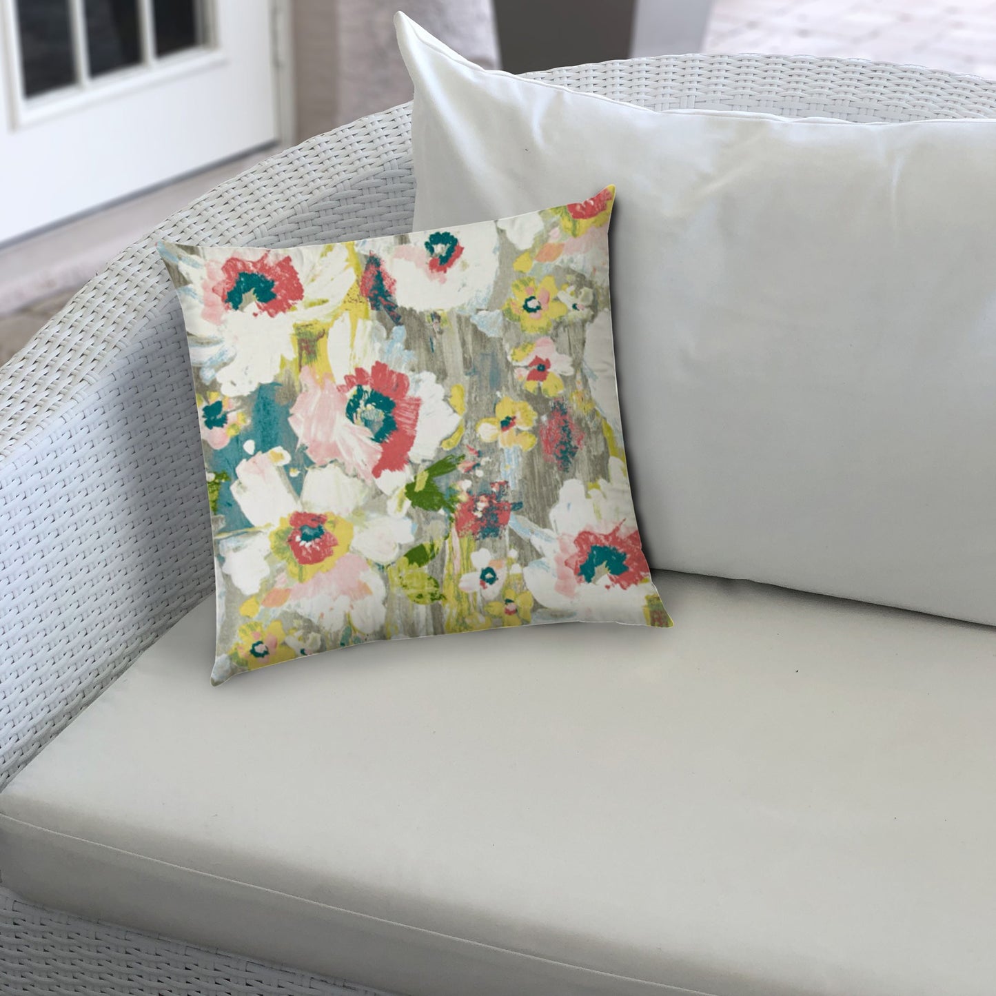 20" X 14" Yellow Green Floral Indoor Outdoor Throw Pillow With No Decorative Addition