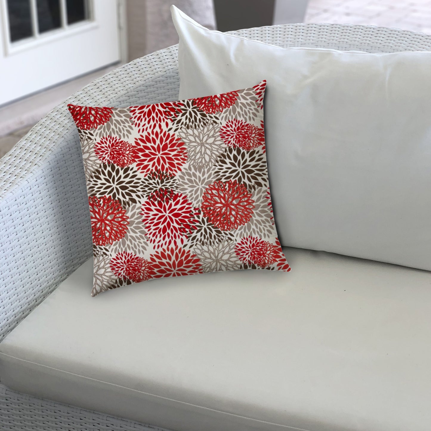 14" X 20" Red And White Blown Seam Floral Lumbar Indoor Outdoor Pillow